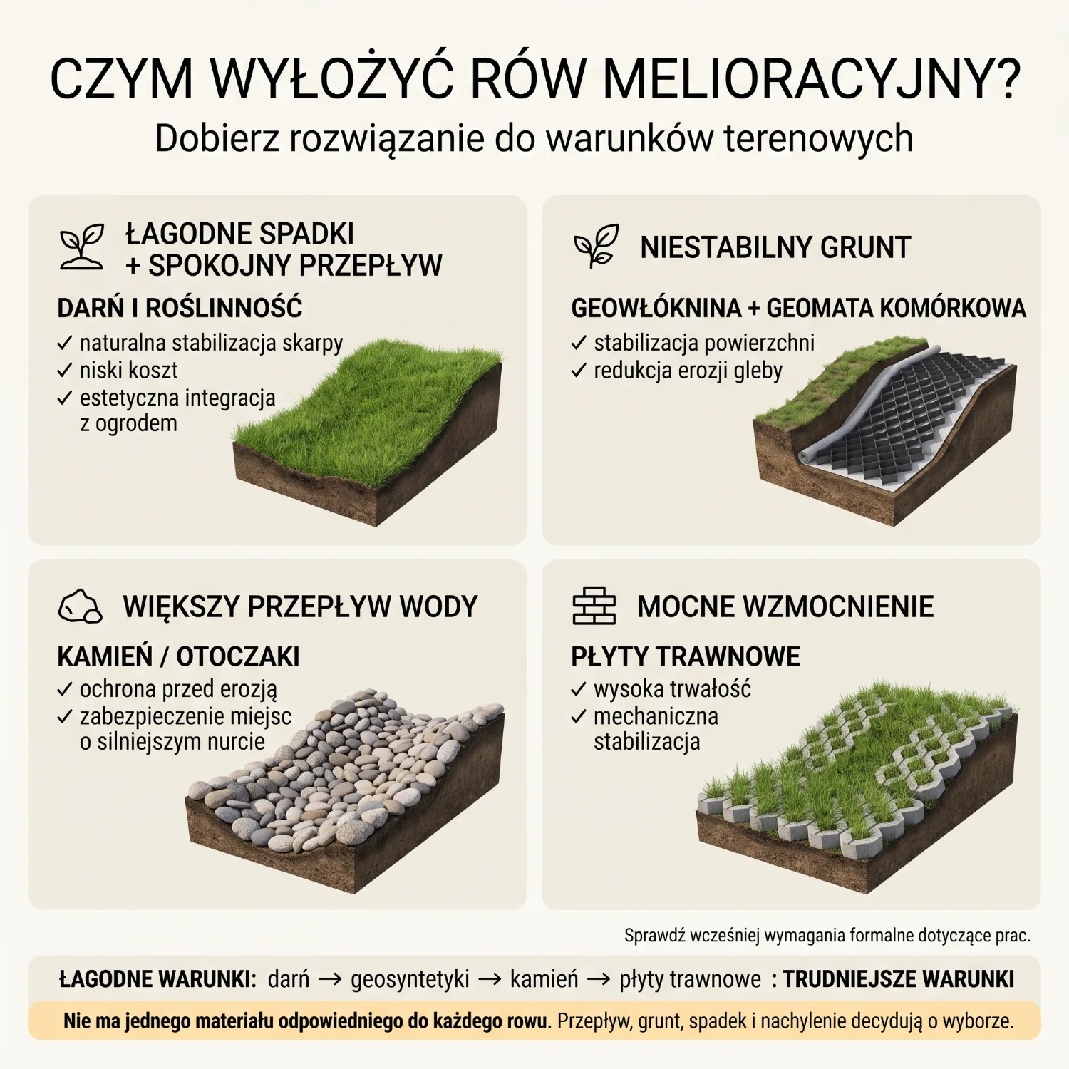 Oddzielenie rowu melioracyjnego od trawnika za pomocą plastikowego obrzeża ogrodowego